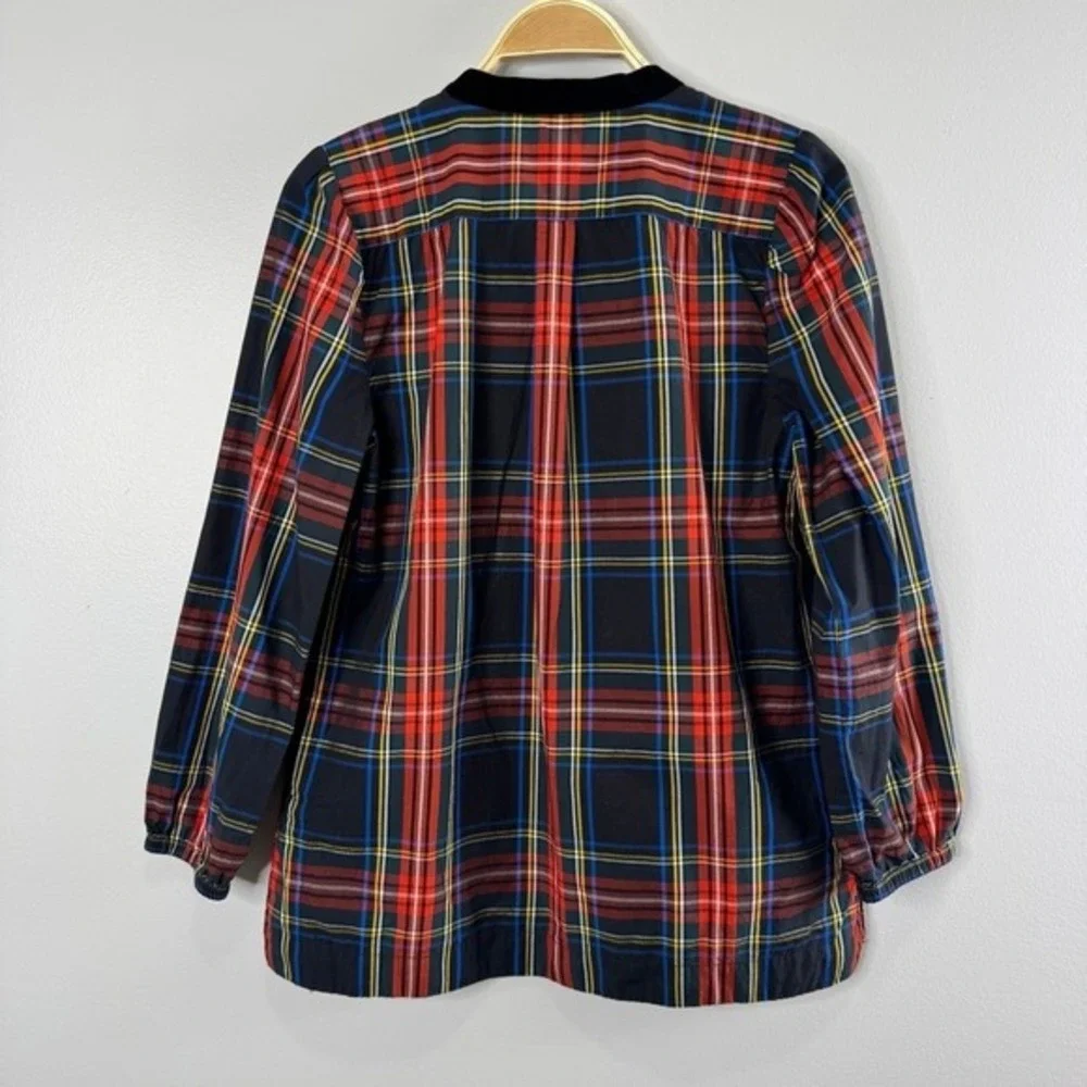 J.Crew‎ Plaid Tunic Top Small Black Red Velvet Trim Long Sleeve Preppy Classic